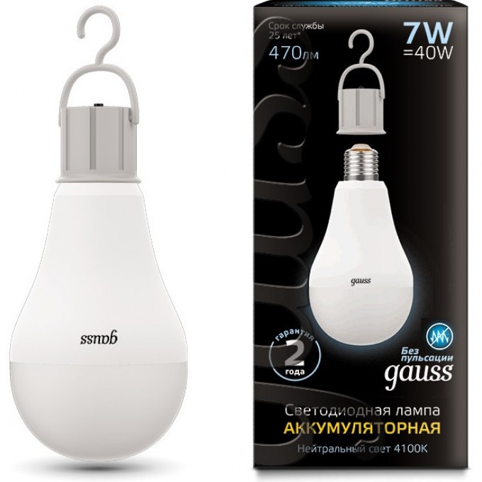 Лампа Gauss BLACK LED A60 E27 7W 470 Лм 4100К с Li-Ion аккумулятором 102402207 Лампа Gauss BLACK LED A60 E27 7W 470 Лм 4100К с Li-Ion аккумулятором 102402207
