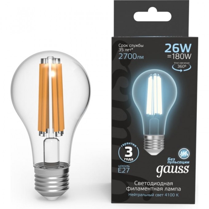 Лампа GAUSS FILAMENT А70 26W 2700lm 4100К Е27 LED 102902226 Лампа GAUSS FILAMENT А70 26W 2700lm 4100К Е27 LED 102902226