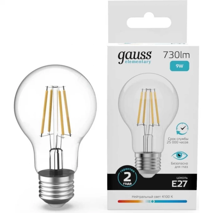 Лампа GAUSS FILAMENT ELEMENTARY А60 9W 730lm 4100К Е27 LED 1/10/50 22229 Лампа GAUSS FILAMENT ELEMENTARY А60 9W 730lm 4100К Е27 LED 1/10/50 22229