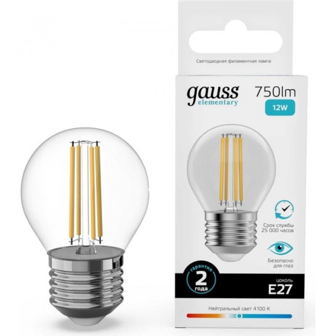 Лампа GAUSS FILAMENT ELEMENTARY Шар 12W 750lm 4100К Е27 LED 1/10/100 52222 Лампа GAUSS FILAMENT ELEMENTARY Шар 12W 750lm 4100К Е27 LED 1/10/100 52222