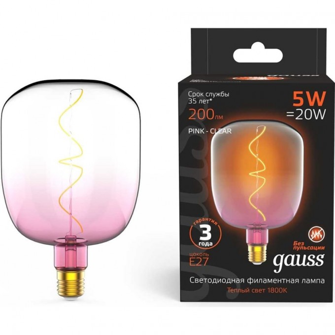 Лампа GAUSS FILAMENT V140 5W 200lm 1800К Е27 pink-clear flexible LED 1010802105 Лампа GAUSS FILAMENT V140 5W 200lm 1800К Е27 pink-clear flexible LED 1010802105