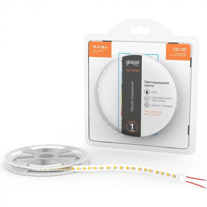 Лента GAUSS BASIC LED 2835/120 12V 14,4W/m 1400lm/m 3000K 8mm IP20 5m BT084 Лента GAUSS BASIC LED 2835/120 12V 14,4W/m 1400lm/m 3000K 8mm IP20 5m BT084