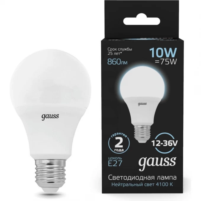 Светодиодная лампа GAUSS A60 AC12-36V 10W 860lm 4100K E27 LED 1/10/100 202502210 Светодиодная лампа GAUSS A60 AC12-36V 10W 860lm 4100K E27 LED 1/10/100 202502210